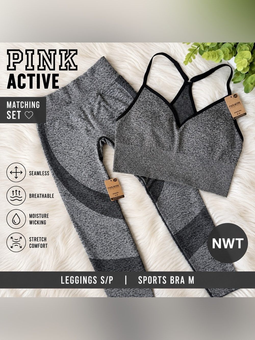 Pilates Gym Girl PINK Active Seamless Matching Set Pure Black Marled  NWT